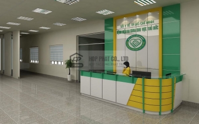 Quầy Lễ Tân Phối Hợp Vách Logo Tạo Không Gian Hoàn Hảo