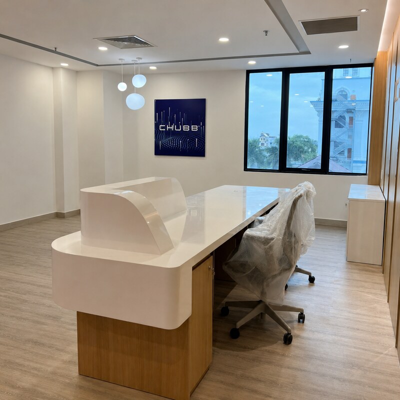 Quầy lễ tân và vách logo tại dự án Chubb Sóc Trăng